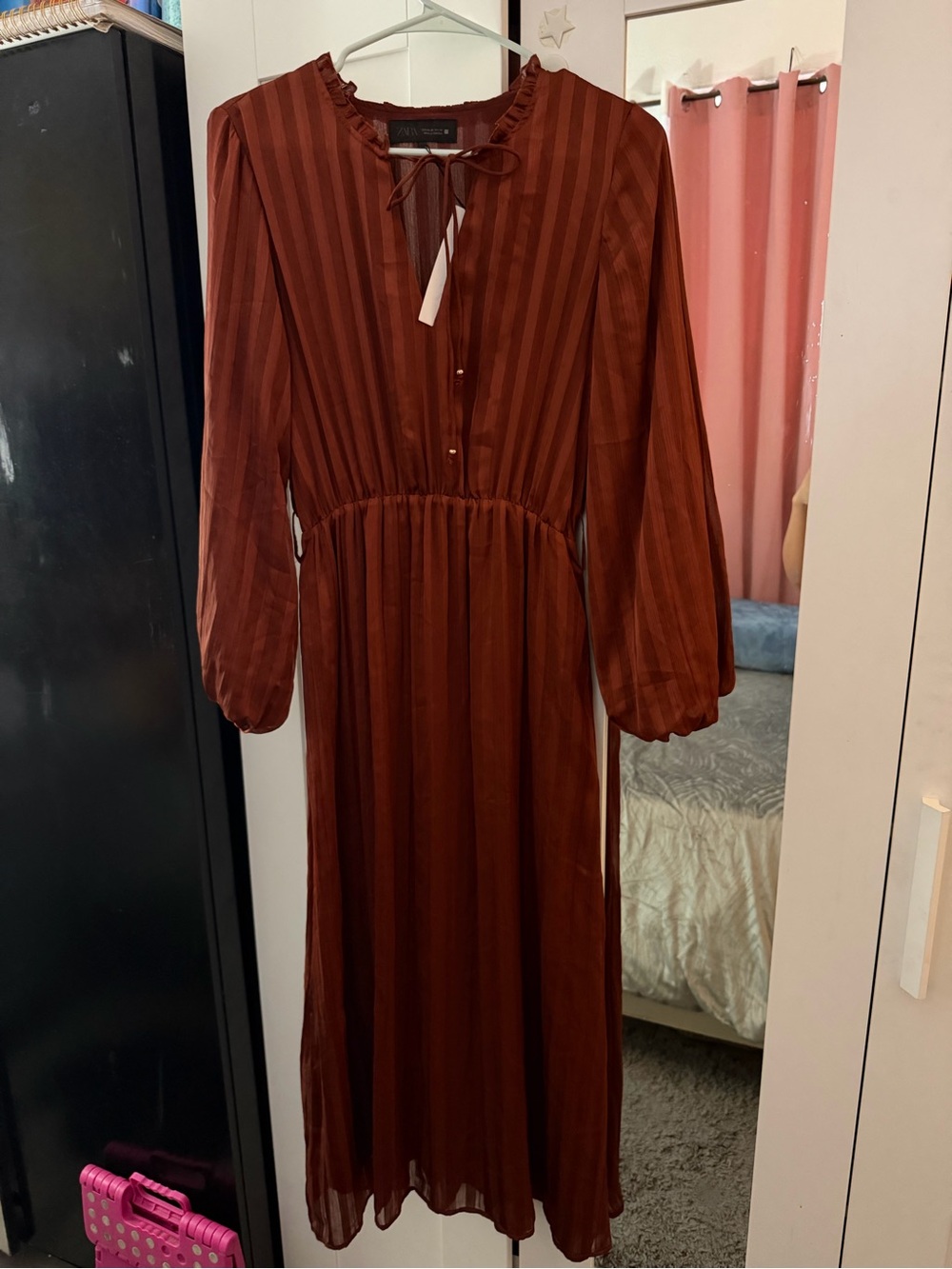 Zara Rust-Brown Striped Maxi Dress with Tie Neck - Picture 5 of 8